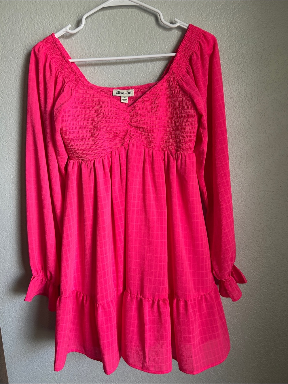 Bright Pink Long-Sleeve Empire Waist Dress